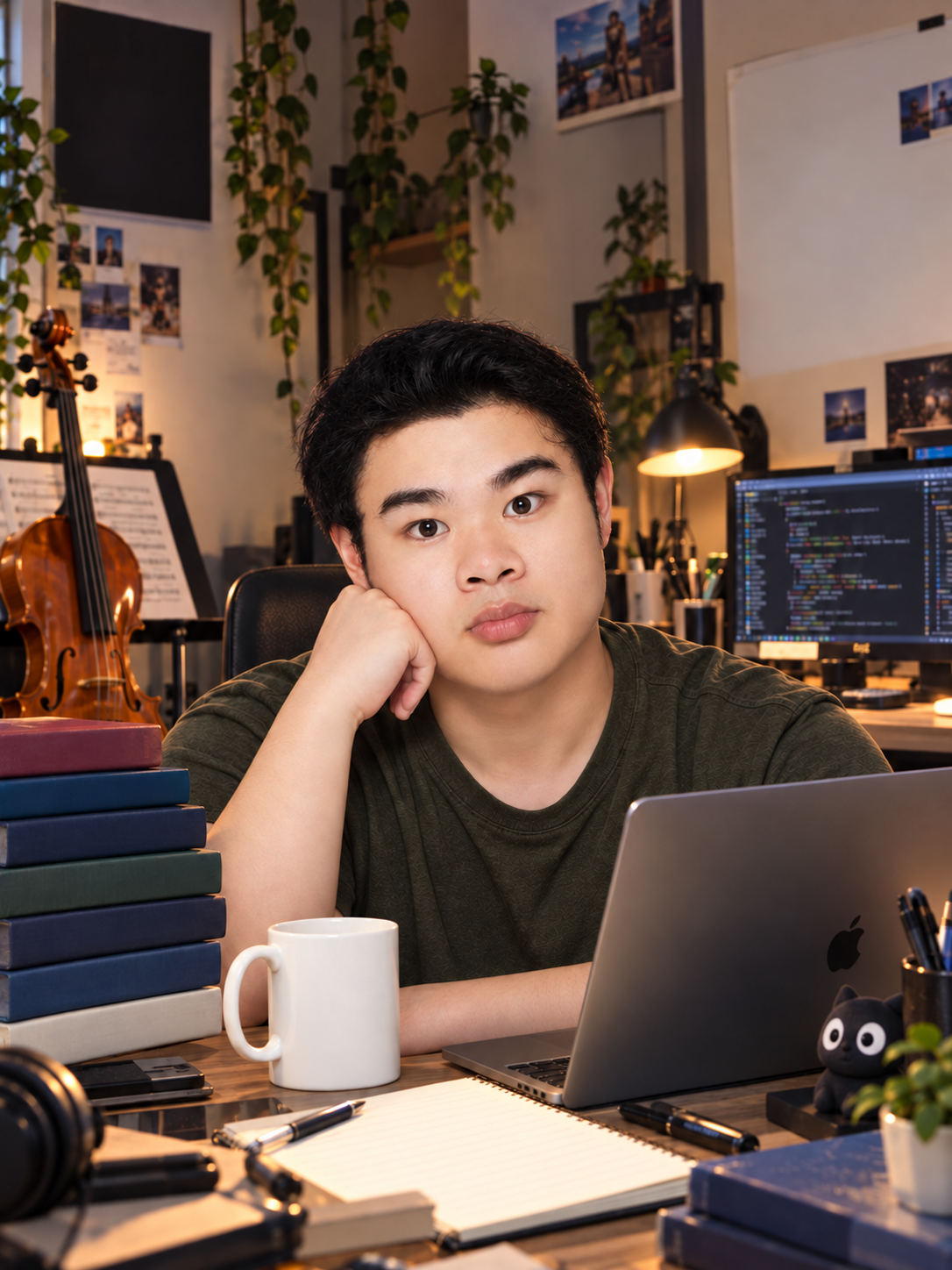 Kuang in a warm studio, surrounded by a viola, books, plants and a laptop.